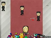 Cartoon image of a frantic woman throwing items at approaching figures in the satirical free online game Britney's Cleanup Challenge