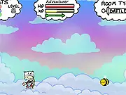 Day Dream Adventure game screenshot showing a fantasy character holding a sword and bow, standing ready to fight a large bee and a blue blob monster.