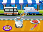 Lovely Little Chef free online cooking game screenshot, chef serving spaghetti and ice cream to happy customers