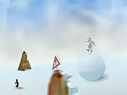 A massive snowball rolling rapidly downhill, narrowly avoiding a large crack in the snowy landscape in the free online game Lawinen Surfer