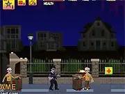 Zombie Avenger free online shooting game, showing a character shooting a horde of undead monsters
