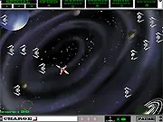 Shining Galactica free space shooter game screenshot, player ship flying through space and shooting alien enemies, arcade online game