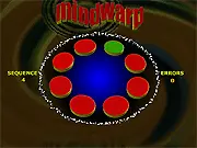 Mindwarp Memory Challenge free online game screenshot. A set of colored buttons flashing a sequence for the player to memorize and repeat.