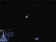 Shockbomber game screenshot showing a spaceship shooting at asteroids and a small flying saucer, free online arcade shooter game