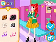 Ariel and Eric High School Love game screenshot showing the couple dressed in matching high school outfits and accessories