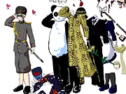 Russia's Dress Up game screenshot showing a tall, pale character with ashen blond hair and a gentle smile, wearing a heavy tan coat and long scarf.