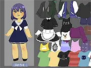 Two cartoon girls in the PTS Dress Up game interface, one wearing a casual skirt and shirt, the other in a stylized dress, surrounded by fashion icons
