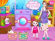 Mommy and Baby Laundry game with clothes sorting piles, free online cleaning and simulation game