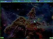 Screenshot of Arkansas top-down space shooter game showing a small spacecraft in the center firing its weapon at large asteroids and geometric enemies in a dark cosmic setting.