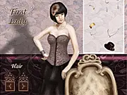 Screenshot of First Lady Dressup game showing the character wearing an elegant formal dress and matching accessories, sophisticated fashion free online game.