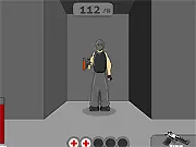 Vex Arena 02 game screen showing a first-person view down a dark, metal-walled hallway with an enemy target in the crosshairs, Play Free Online FPS Game