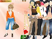 Screenshot from the Mackaylie Dressup online game showing the character styled in a fashionable boyish casual outfit, wearing a beanie, hoodie, and sneakers