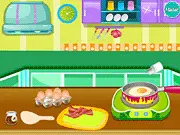 Eggs With Bacon Cooking Game screenshot, frying bacon and eggs, serving a breakfast meal with tomato, cucumber, and orange juice, play free online