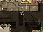 Gameplay of Screwy Adventures online showing the screw character using a jetpack and flamethrower