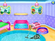Puppy House Decoration free online game screenshot showing an interior design scene with puppy-themed furniture
