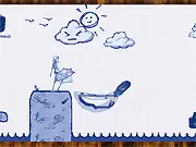 Paper Tales game screen showing a small paper-style character jumping as a player draws a pattern to drop a helpful goodie or shield, Play Free Online Drawing Game