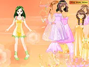 Screenshot of Dae Dress Up game, showing the young model Dae wearing a gentle princess dress and selecting a flower tiara for her photoshoot.