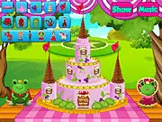 Princess Castle Cake free online decoration game screenshot, decorating a tiered castle cake with frosting and edible decorations