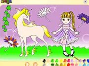 Unicorn Coloring online free game, play free art and drawing game, color a unicorn and little girl