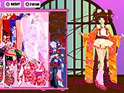 Geisha Dress Up Game screenshot showing a geisha model and various traditional kimonos, hairstyles, and hair accessories.