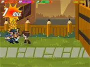 Gameplay screenshot of Furry Artist Online showing the artist character fighting a group of enemies in a street brawl