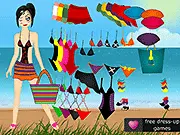 Screenshot of Angelina Beach Dress Up game, showing a girl being styled with beach clothes and accessories, free online fashion game