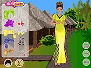 African Style Dress Up game screenshot, lady dressed in traditional and modern African fashion, vibrant pattern clothes and head wraps, free online fashion game