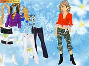 Screenshot from Madre Dressup game featuring a stylish woman wearing a casual denim jacket, a striped top, and sunglasses.