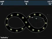 Particle Blast online game screenshot, a small rocket is guided by the mouse towards a group of rotating, glowing stars, highscore board on the side