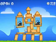 Screenshot of Castle Crusher online game showing a catapult launching a rock towards a wooden and stone castle structure with robots on top.