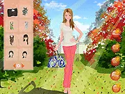 Screenshot of Valentine Garden Dress Up game featuring a female character wearing a flowing pastel dress and a floral headpiece in a sunny garden.