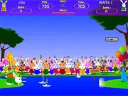 Bunny Bloony 4: The Paper Boat free online game - racing a paper boat against bunny friends, collecting bonuses, and avoiding the yellow duck.