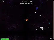 Galactic Survivor 2: The Fight for Freedom online game screenshot showing a futuristic Orange Sabre spaceship flying through space while avoiding pirate ships and explosions