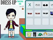 Screenshot from Amazing Boy Dress Up online game showing a male character ready to be styled with a selection of cool, modern clothing items like shirts, jeans, and jackets.