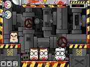 Trapped in a Nerd Factory game screenshot showing a teacher character jumping on a nerdy enemy while surrounded by spikes and traps.