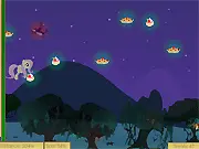 Screenshot of the Flutternight endless flying game, showing a small character flying through the night sky while collecting treats and dodging silhouettes of birds.