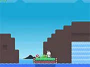 Screenshot of the Sad Bunny Face platformer game showing the blue bunny character jumping between two ledges to reach a hidden golden bunny collectible.