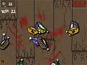 The Head Splitter game screenshot showing a hand holding a katana slicing a flying zombie head against a spooky background.