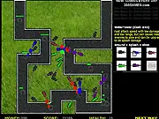 Screenshot of Road Tower Defence game with towers attacking enemies on a road, free online tower defense game, strategic game playarcadehubs