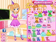 Screenshot of Polly's Birthday Party online game showing Polly in a cute dress with various accessories and clothes in the menu