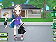 Community Service Dress Up online game showing a girl in a comfortable and practical outfit for volunteer work, wearing jeans and a simple t-shirt