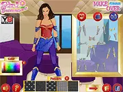 Screenshot of Make Studio Over: Model to Wonder Woman game showing a model transformed into Wonder Woman with her iconic outfit, makeup, and tiara, play free online superhero dress-up