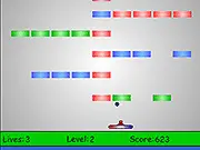 The paddle bouncing a white ball to break colored blocks in the classic arcade style game Breakout Flash