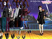 Screenshot of Jill Style Chic game featuring a stylish city woman wearing a cool, layered winter coat and trendy boots.