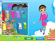 Screenshot of the Lovely Girl Dress Up game showing a young girl model smiling while wearing a brightly colored dress and carrying an accessory bag.