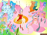 Screenshot of the Flower Elf Dress Up game showing a girl with pink hair and pointed ears wearing an elaborate, colorful floral dress and wings.