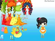 Screenshot of the Little Ashley Dressup free online game, showing the tiny character wearing an elegant princess dress and tiara, with a huge closet visible in the background.