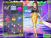 Screenshot of the Super Model Top Star free online dress-up game, showing a model being styled with a mix of elegant gown pieces and expensive accessories against a runway background.