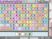 Brain Machine game screenshot showing numbers and operators on a grid with a target equation displayed at the bottom, indicating a fast-paced online math puzzle