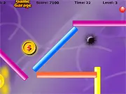 Bollix free online avoidance game screen showing a ball dodging moving gray bars and collecting yellow coins.